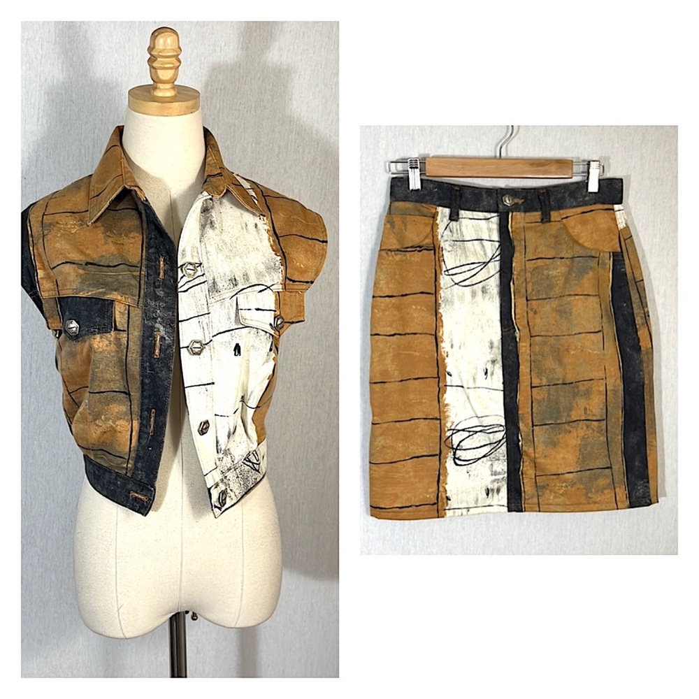Vintage Opal By Lorraine Wardy Vest And Skirt Set Western Abstract S Made In USA